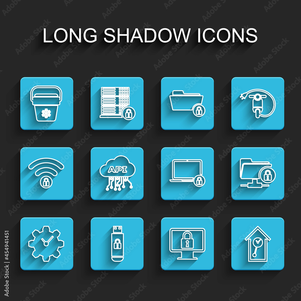 Set line Time Management, USB flash drive with lock, Cooler bag, Lock on monitor, Retro wall watch, Cloud api interface, FTP folder and and Laptop icon. Vector Set line Time Management, USB flash drive with lock, Cooler bag, Lock on monitor, Retro wall watch, Cloud api interface, FTP folder and and Laptop icon. Vector