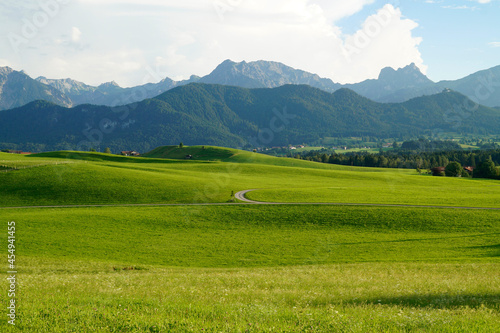 a scenic Bavarian countryside surrounded by succulent green meadows in Allgau or Allgaeu region in Bavaria with the Alps in the background on a cloudy summer day (Germany)