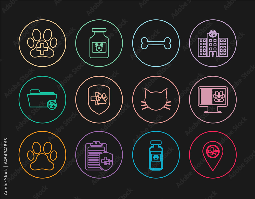 Set line Location veterinary, Clinical record pet monitor, Dog bone, Animal health insurance, Medical folder, Veterinary clinic, Cat and medicine bottle icon. Vector Set line Location veterinary, Clinical record pet monitor, Dog bone, Animal health insurance, Medical folder, Veterinary clinic, Cat and medicine bottle icon. Vector