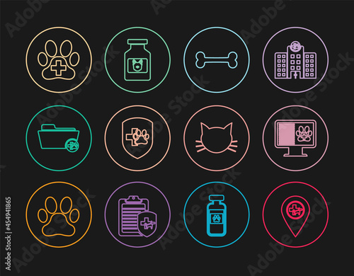 Set line Location veterinary, Clinical record pet monitor, Dog bone, Animal health insurance, Medical folder, Veterinary clinic, Cat and medicine bottle icon. Vector