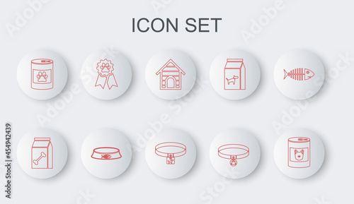 Set line Canned food for dog, Bag of pet, Dog house, Cat collar, Pet award symbol, bowl and icon. Vector