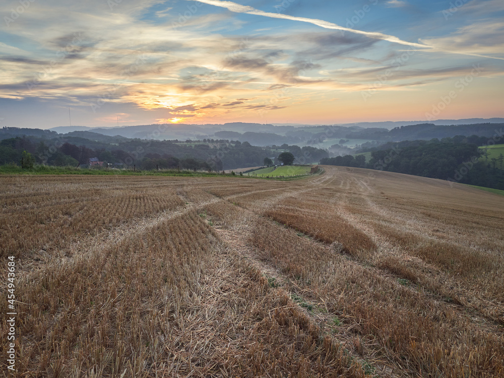 Rural landscape in the German city of Velbert at sunrise.
