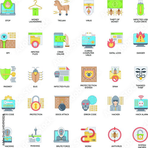 Hacker Elements color flat icon collection set