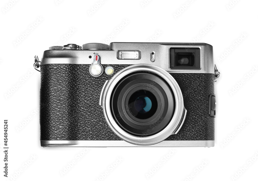 Modern camera isolated on white, top view