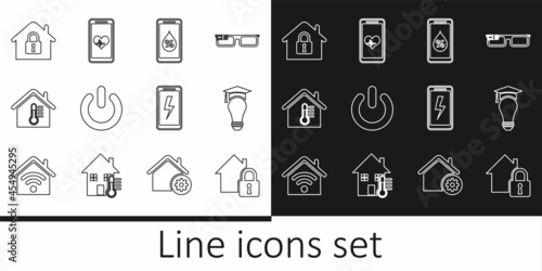 Set line House under protection, Light bulb and graduation cap, Humidity for smart home, Power button, temperature, Mobile charging battery and with heart rate icon. Vector