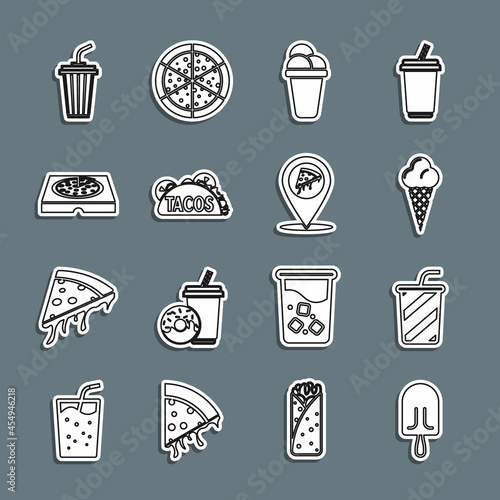 Set line Ice cream, Glass with water, in waffle cone, Taco tortilla, Pizza cardboard box, and Location slice pizza icon. Vector