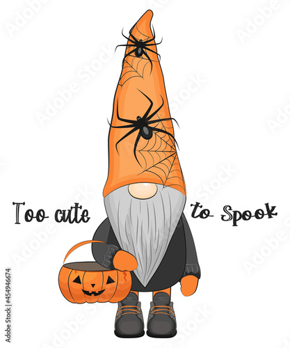 Funny halloween gnome with pumpkin and spiders. Vector illustration. 