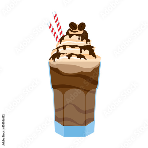 Delicious ice coffee drink with whipped cream icon vector. Chocolate milkshake with cocoa topping and whipped cream vector. Refreshing frappe icon isolated on a white background