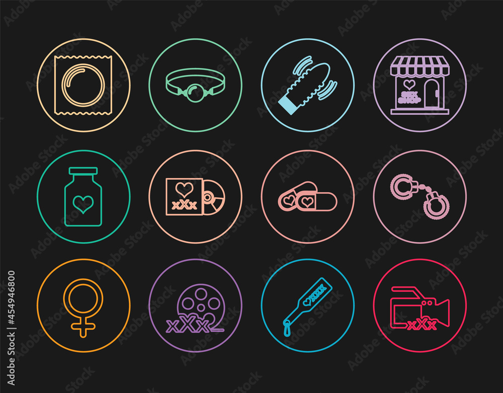 Set line Video camera with Sex, Sexy fluffy handcuffs, Dildo vibrator for sex games, Disc inscription, Bottle pills potency, Condom package, Pills and Silicone ball gag icon. Vector Set line Video camera with Sex, Sexy fluffy handcuffs, Dildo vibrator for sex games, Disc inscription, Bottle pills potency, Condom package, Pills and Silicone ball gag icon. Vector