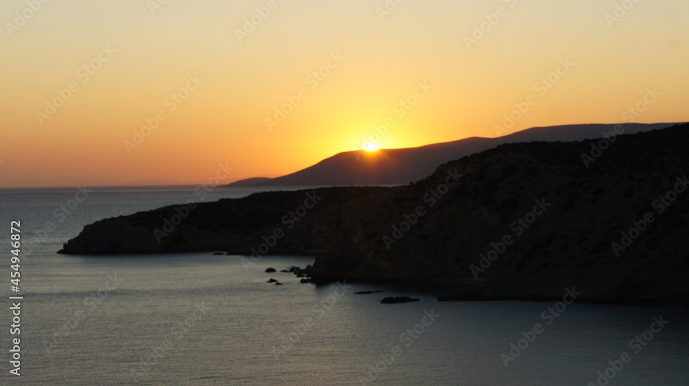 view from the sea  during sunset, in the Greek island of koufonisi