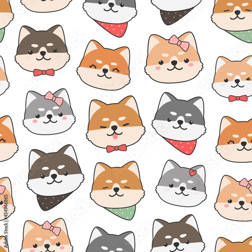 Cute animal cartoon seamless pattern with shiba inu japanese dog puppy head