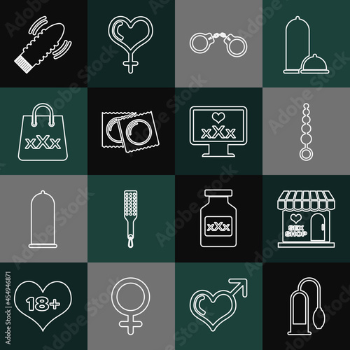 Set line Penis pump, Sex shop building, Anal beads, Handcuffs, Condoms package, Shopping bag with triple X, Dildo vibrator for sex games and Monitor 18 plus content icon. Vector