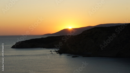 view from the sea during sunset, in the Greek island of koufonisi