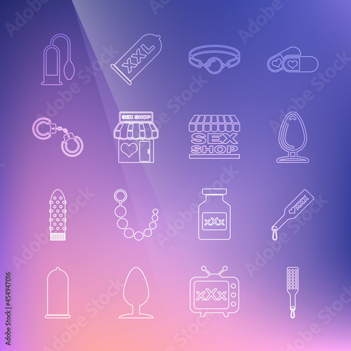 Set line Spanking paddle, Anal plug, Silicone ball gag, Sex shop building, Sexy fluffy handcuffs, Penis pump and icon. Vector