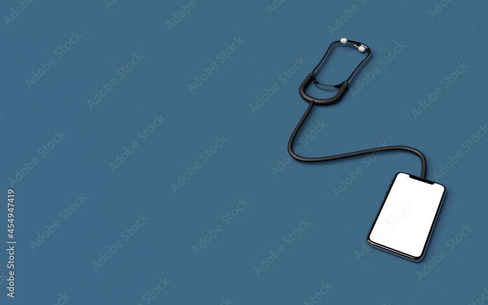 Obraz premium Mockup realistic 3d render of stethoscope with mobile phone readout of heart for remote heart checkup by teledoctor