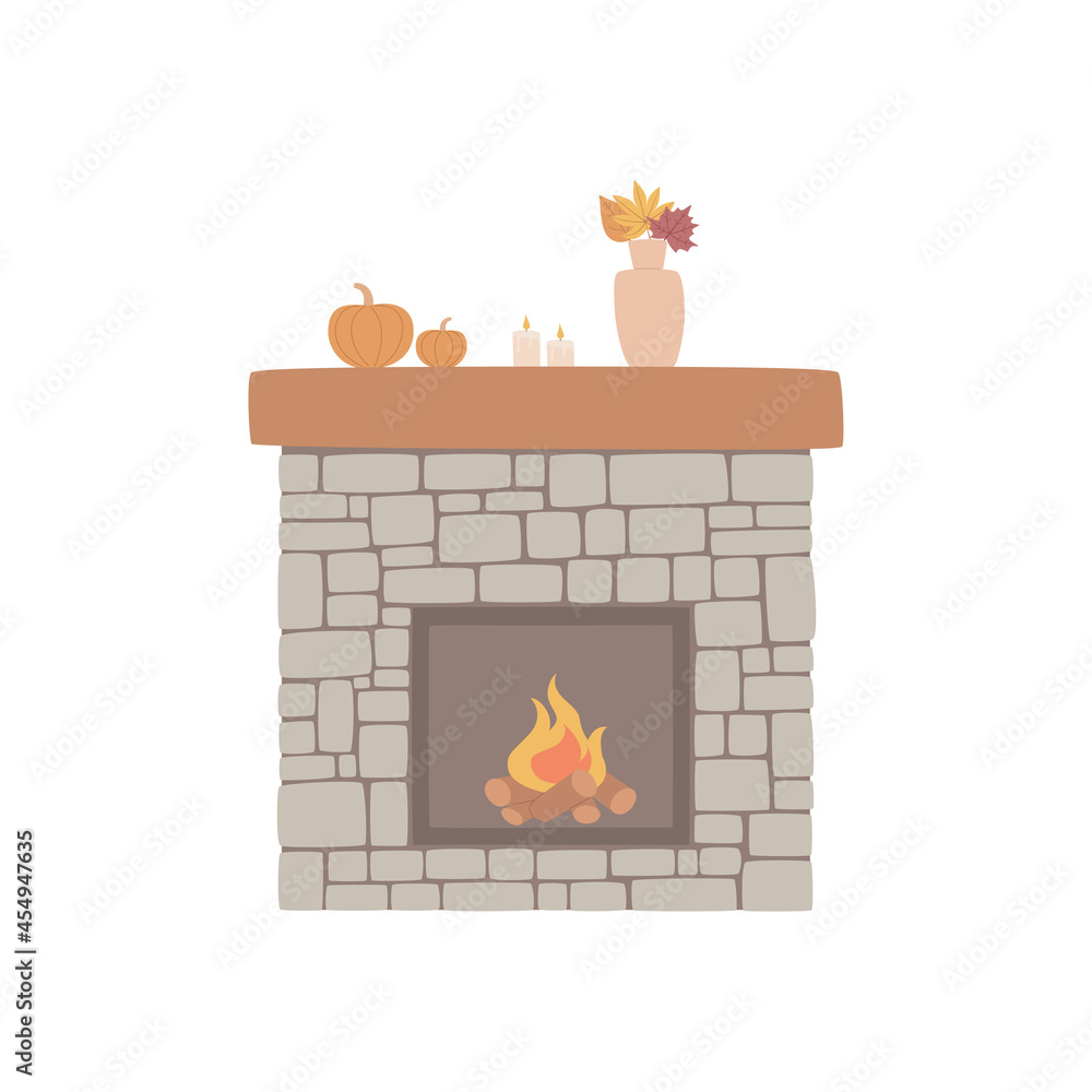 Fototapeta premium Fireplace made of natural stone with autumn decor and a bright burning flame, pumpkin, candles, autumn bouquet.