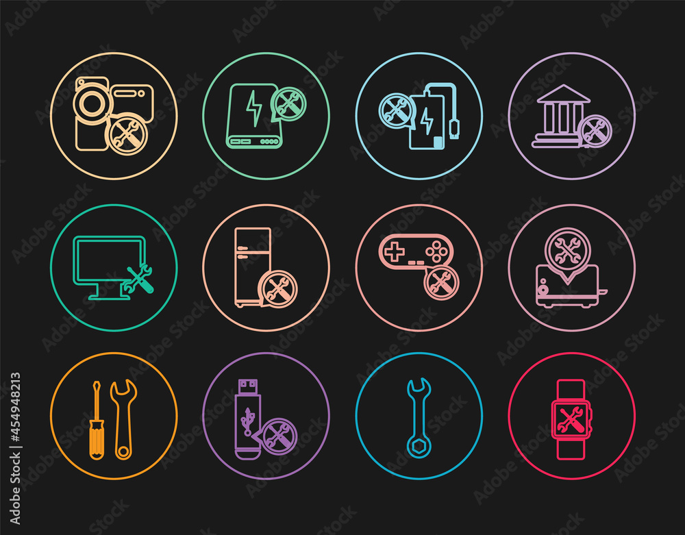 Set line Smartwatch service, Toaster, Power bank, Refrigerator, Computer monitor, Video camera, Gamepad and icon. Vector Set line Smartwatch service, Toaster, Power bank, Refrigerator, Computer monitor, Video camera, Gamepad and icon. Vector