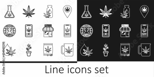 Set line Cup tea with marijuana, Online buying, Marijuana or cannabis leaf oil, Legalize, Test tube, and store and icon. Vector