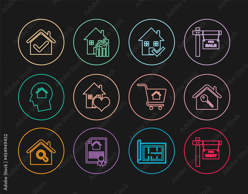 Set line Hanging sign with For Rent, House key, check mark, heart shape, Man dreaming about buying house, Shopping cart and Rising cost of housing icon. Vector Set line Hanging sign with For Rent, House key, check mark, heart shape, Man dreaming about buying house, Shopping cart and Rising cost of housing icon. Vector