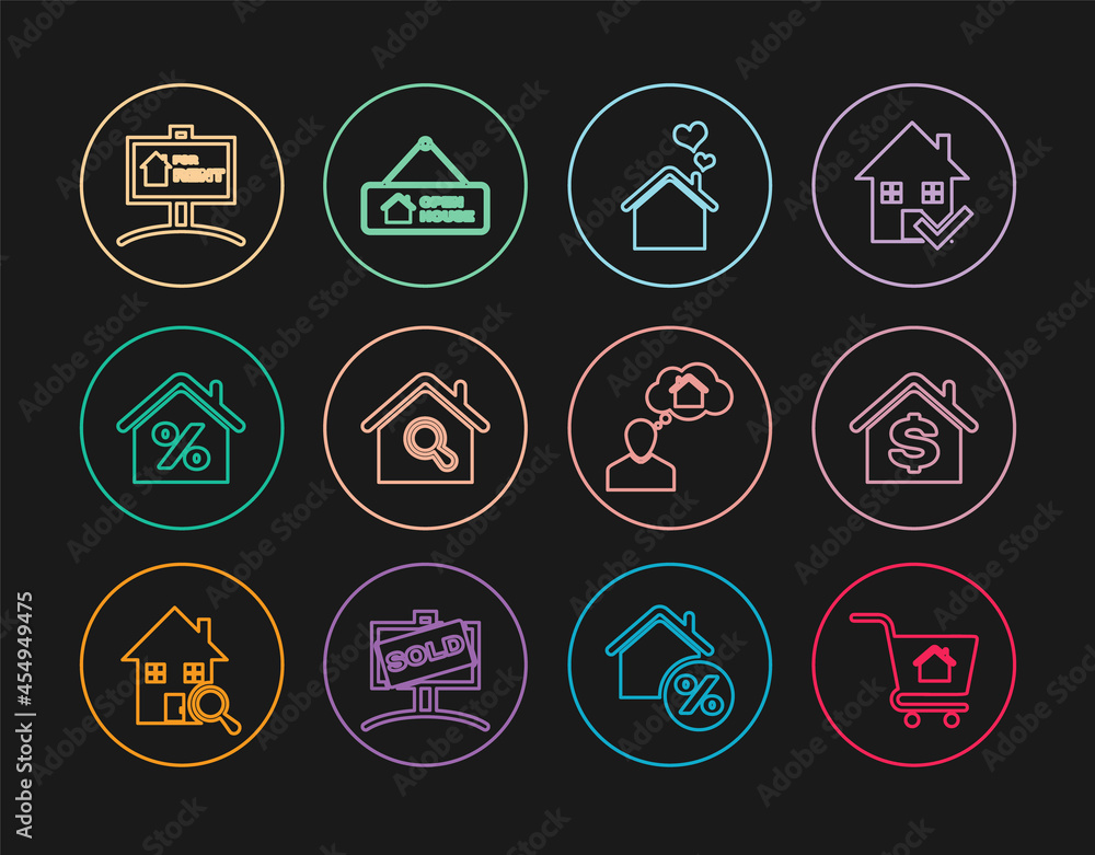 Set line Shopping cart with house, House dollar, heart shape, Search, percant, Hanging sign For Rent, Man dreaming about buying and Open icon. Vector Set line Shopping cart with house, House dollar, heart shape, Search, percant, Hanging sign For Rent, Man dreaming about buying and Open icon. Vector