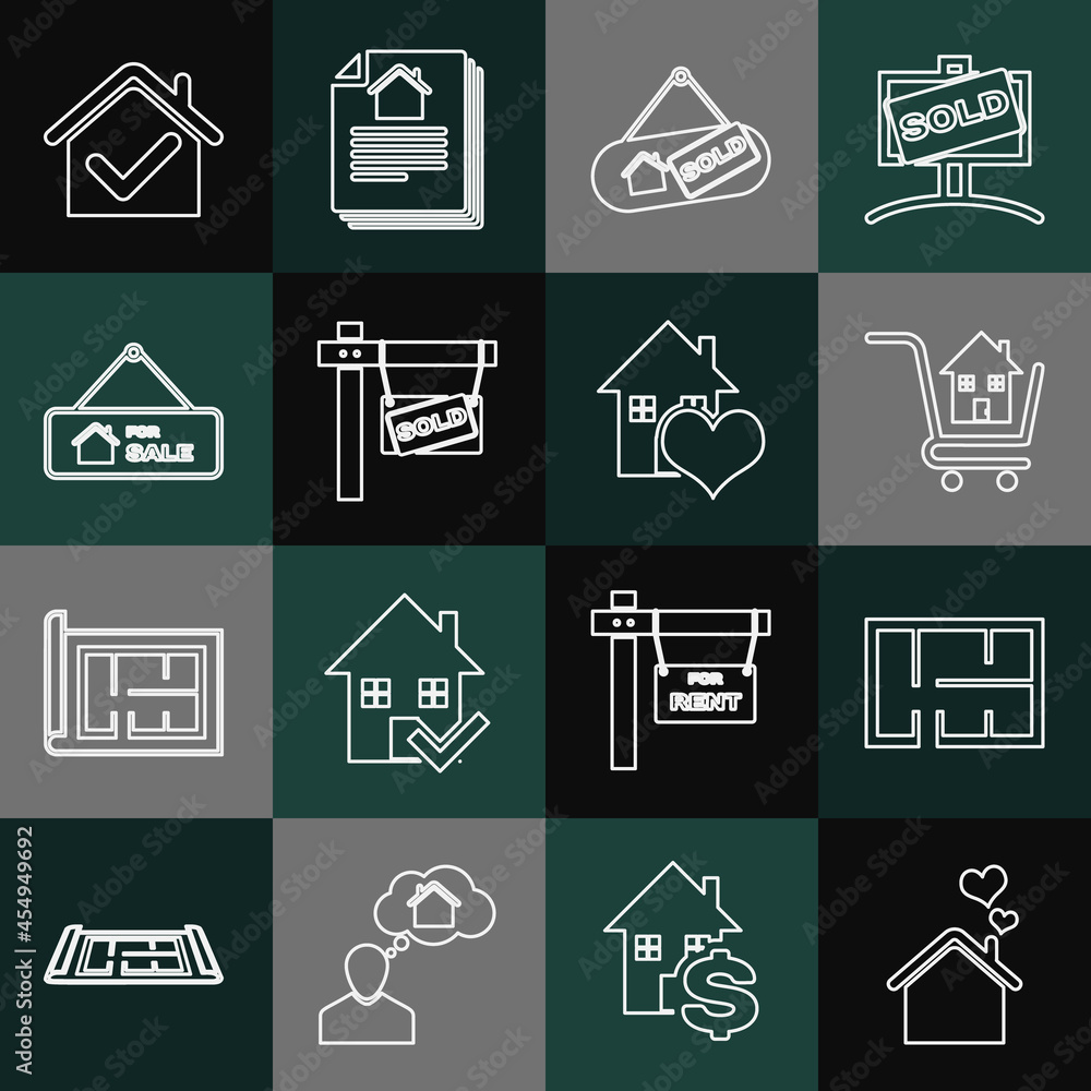 Set line House with heart shape, plan, Shopping cart house, Hanging sign Sold, For Sale, check mark and icon. Vector Set line House with heart shape, plan, Shopping cart house, Hanging sign Sold, For Sale, check mark and icon. Vector