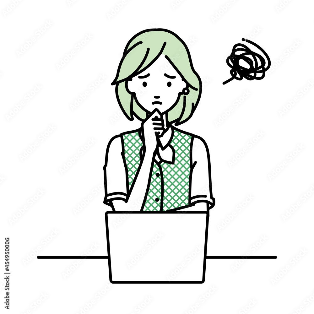 デスクで座ってPCを開いて困っている事務員制服の女性