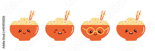 Set, collection of cute colorful cartoon style bowls of noodles, asian soup characters for food design.
