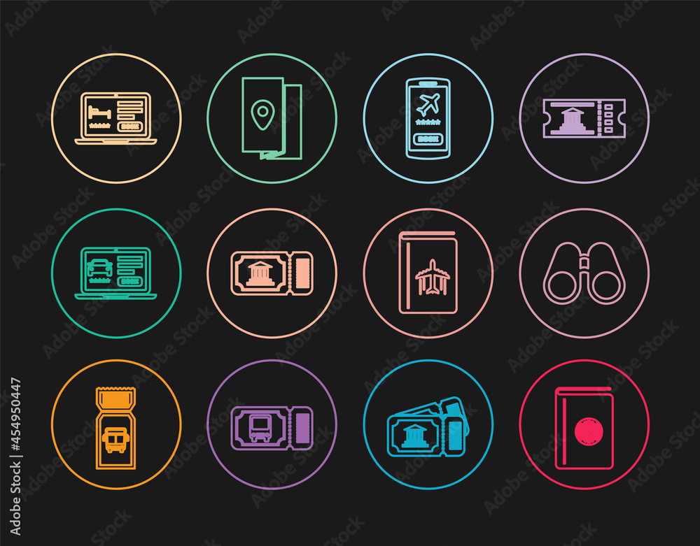 Set line Cover book travel guide, Binoculars, Mobile with ticket, Museum, Online car sharing, hotel booking, and icon. Vector Set line Cover book travel guide, Binoculars, Mobile with ticket, Museum, Online car sharing, hotel booking, and icon. Vector
