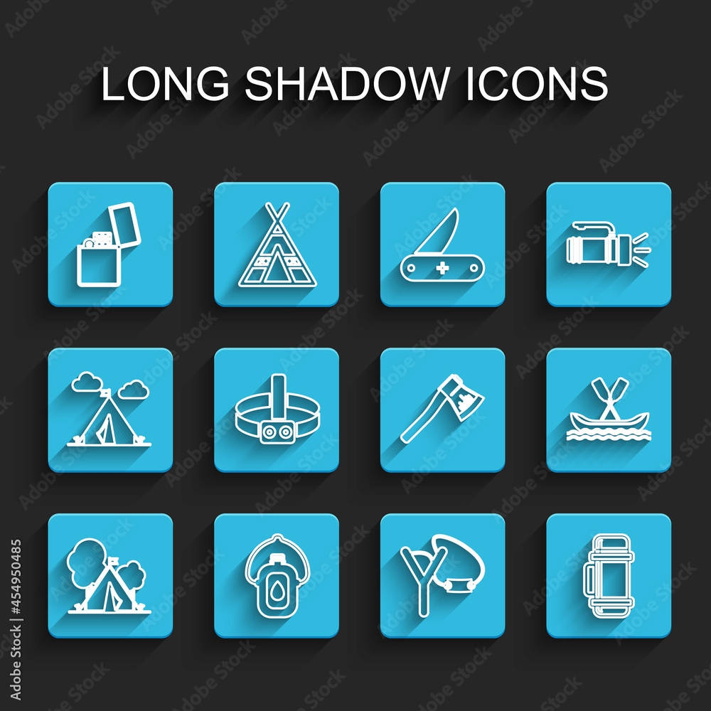 Set line Tourist tent with flag, Canteen water bottle, Lighter, Slingshot, Thermos container, Head flashlight, Rafting boat and Wooden axe icon. Vector Set line Tourist tent with flag, Canteen water bottle, Lighter, Slingshot, Thermos container, Head flashlight, Rafting boat and Wooden axe icon. Vector