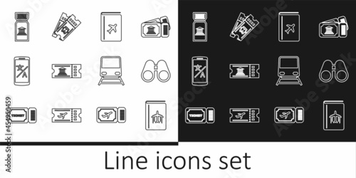 Set line Cover book travel guide, Binoculars, Museum ticket, Online translator, Train and Bus icon. Vector