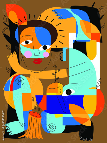 Portrait woman,man face on decorative cubism style character vector illustration.