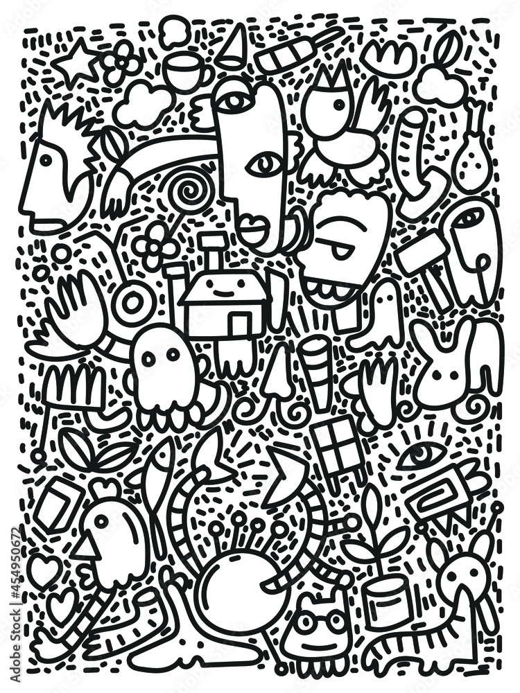 People portrait doodle line drawing black and white cartoon abstract vector illustration.