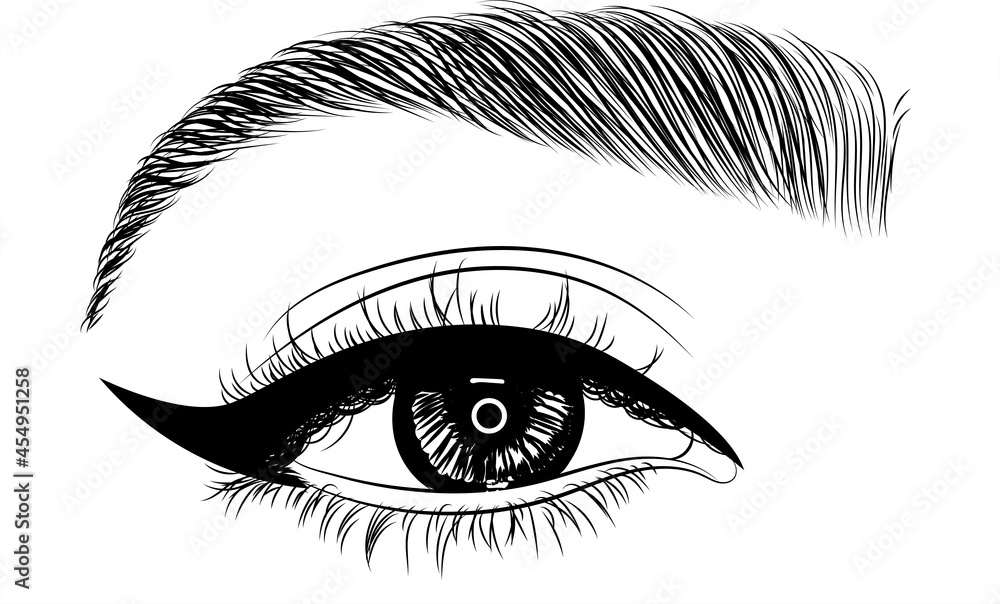 Hand drawn female sexy luxurious eye with perfectly shaped eyebrows and full eyelashes. The idea for a business card, vector typography. Perfect interior look Hand drawn female sexy luxurious eye with perfectly shaped eyebrows and full eyelashes. The idea for a business card, vector typography. Perfect interior look
