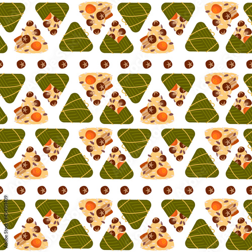 Dragon boat festival rice dumplings. Seamless pattern with triangular rice dumplings on a white background. Vector illustration. Traditional Chinese and Japanese food. Banner for cafe.
