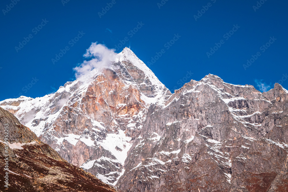 Peaks of Meru Mountain of Gangotri group of Garhwal Himalayas from Gaumukh Hiking trail at Gangotri, Uttarakhand, India.