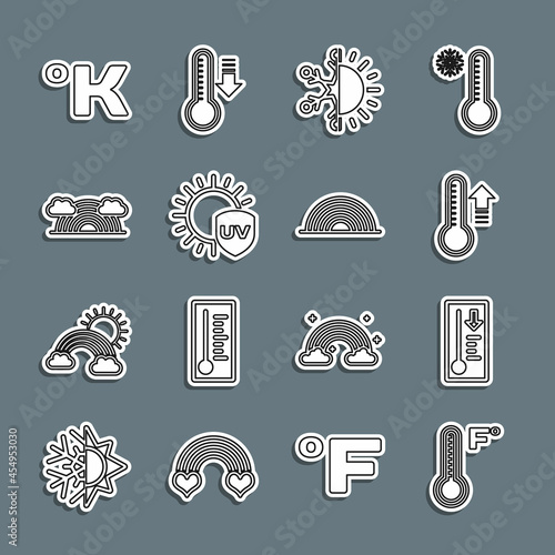Set line Meteorology thermometer, Sun and snowflake, UV protection, Rainbow with clouds, Kelvin and icon. Vector