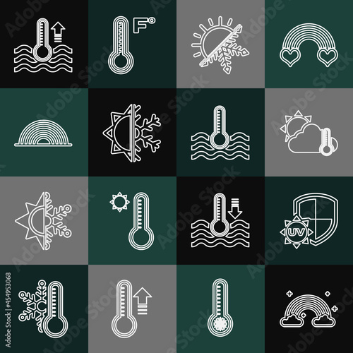 Set line Rainbow with clouds, UV protection, Thermometer and cloud, sun, Sun snowflake, Water thermometer and icon. Vector