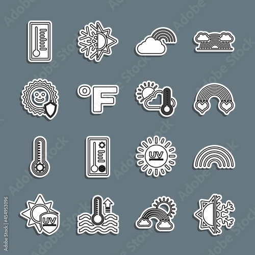 Set line Sun and snowflake, Rainbow, with heart, cloud, Fahrenheit, UV protection, Meteorology thermometer and Thermometer sun icon. Vector