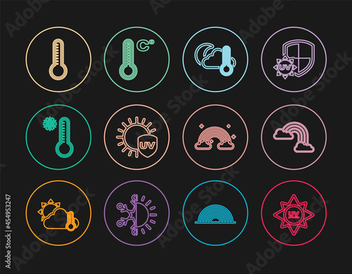 Set line UV protection, Rainbow with clouds, Thermometer and cloud, moon, Meteorology thermometer, and icon. Vector