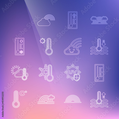 Set line Water thermometer, Meteorology, Rainbow with sun and cloud icon. Vector