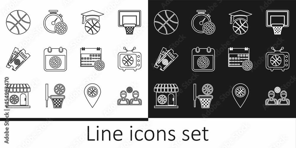 Set line Basketball players, match on tv, training, sport calendar, game ticket, and Stopwatch with basketball icon. Vector