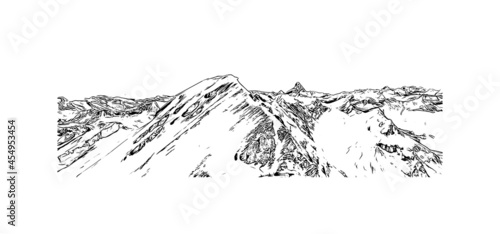 Building view with landmark of La Clusaz is the 
commune in France. Hand drawn sketch illustration in vector.