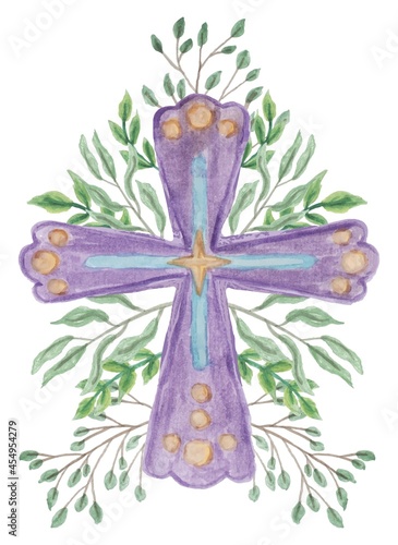 Vector clipart of a cross on a background of floral decoration. Purple religious object stylized as a watercolor