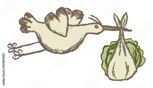 Flying stork carries a bundle with cabbage. Baby birth concept. Vector grunge clipart