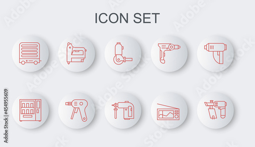 Set line Nail gun, Vending machine, Angle grinder, Radio, Electric heater, construction stapler, hot glue and Rotary hammer drill icon. Vector