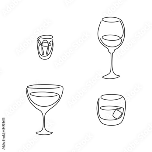 One line drawing vodka wine vermouth whiskey glass on white background. Black white cartoon graphic sketch. Continuous line way. Hand drawn party drinks concept. Freehand drawing style