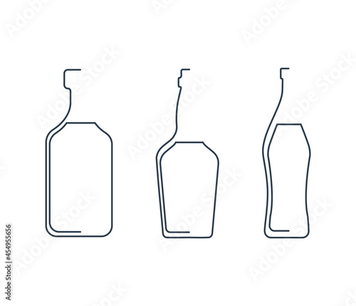 Bottle continuous line rum, vermouth and whiskey in linear style on white background. Solid black thin outline. Modern flat style graphic design. Logo element illustration. Contour drink symbol