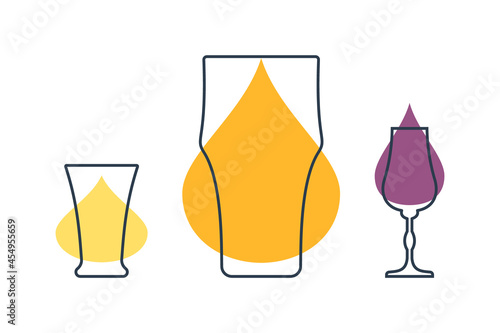 Three glasses with beer, tequila and liquor. Shot glass drinks. Template alcohol beverage for restaurant, bar. Symbol party. Different drinks. Isolated flat illustration on white background
