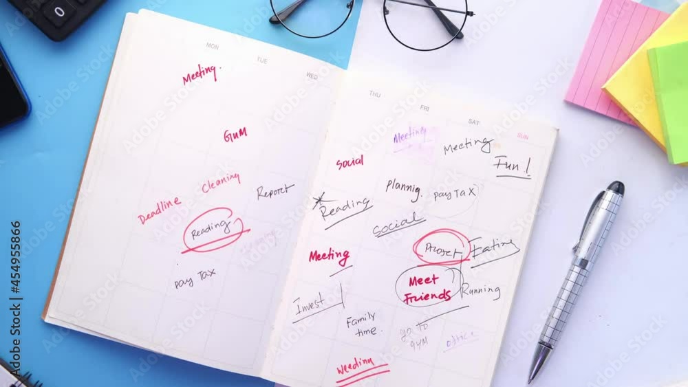 high angle view of weekly planner on table. high angle view of weekly planner on table.