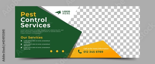 Pest control services horizontal banner template design. Modern promotion banner with a green and yellow background color.